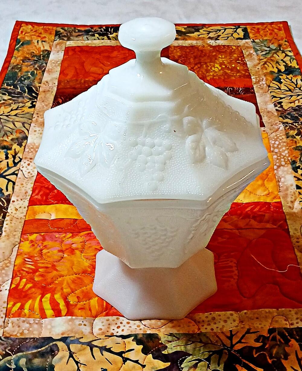 Vintage Anchor Hocking Milk Glass Pedestal Compote with Harvest Grape